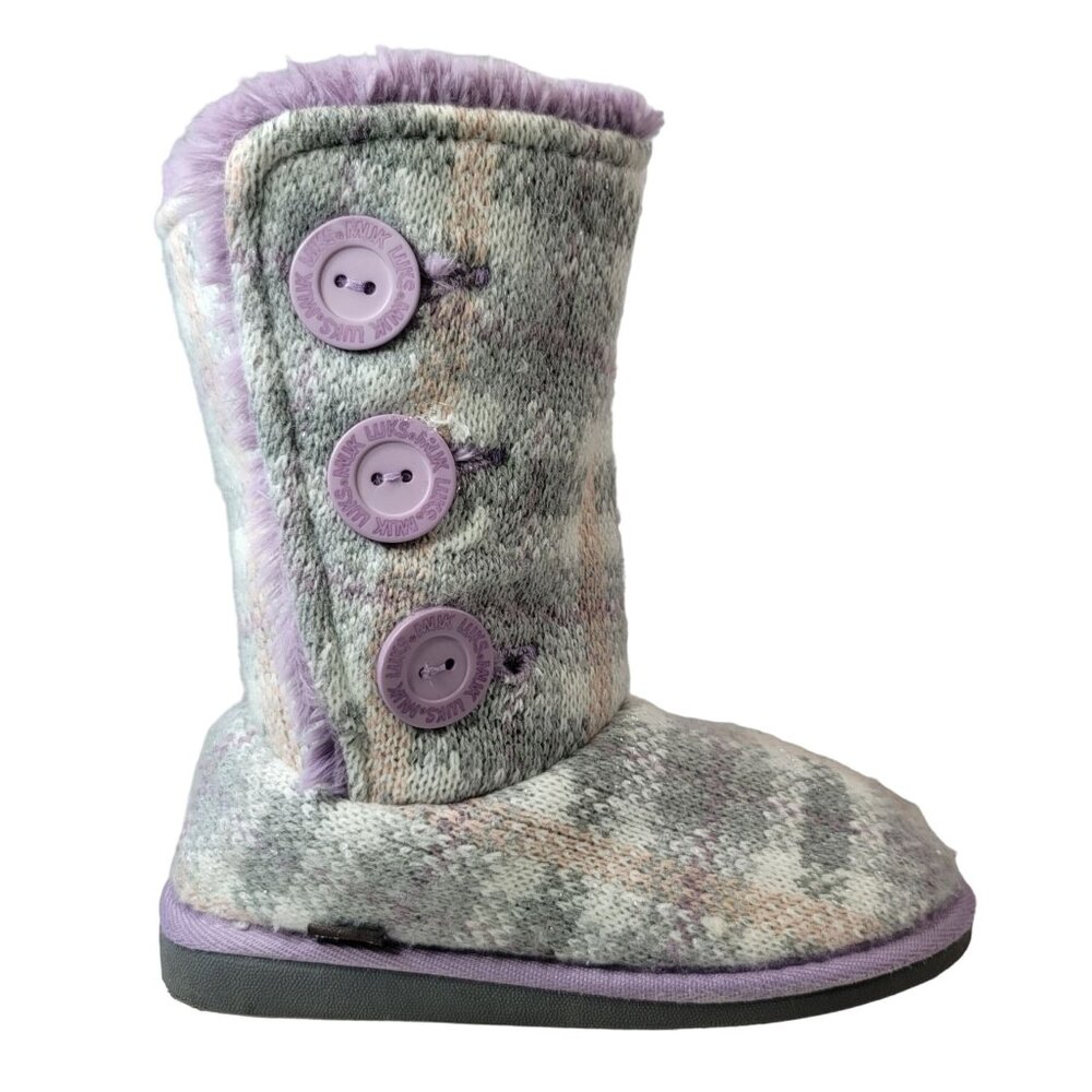 Muk Luks Girls Sweater Knit Boots Purple Gray Size 2 Button Furry Plaid Malena